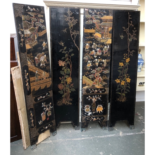 710 - A set of four Chinese lacquered panels depicting songbirds with foliage, each panel 40x178cm