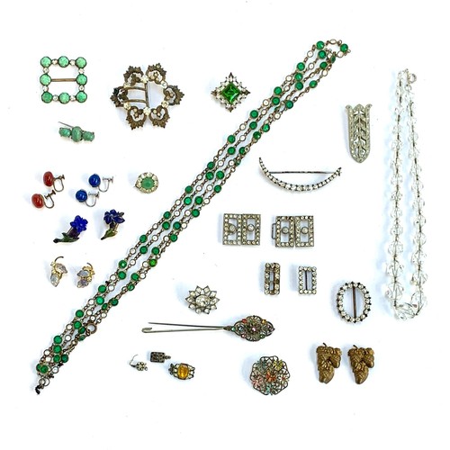 65 - A quantity of mainly Art Deco jewellery to include bezel set green and clear paste long guard chain,... 