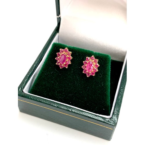 81 - A pair of 9ct gold ruby cluster stud earrings, 1cmL,  gross weight 1.1g