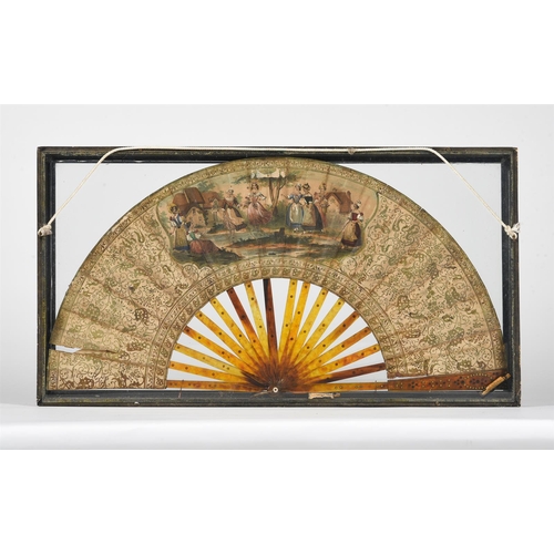 125 - Two 19th century hand painted fans in display cases, one with tortoiseshell sticks painted depicting... 