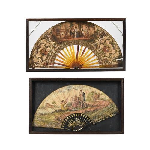 125 - Two 19th century hand painted fans in display cases, one with tortoiseshell sticks painted depicting... 