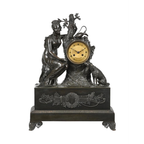 345 - A Charles X patinated bronze figural mantel clock, the dial signed for JF Bauttes, Geneva, second qu... 