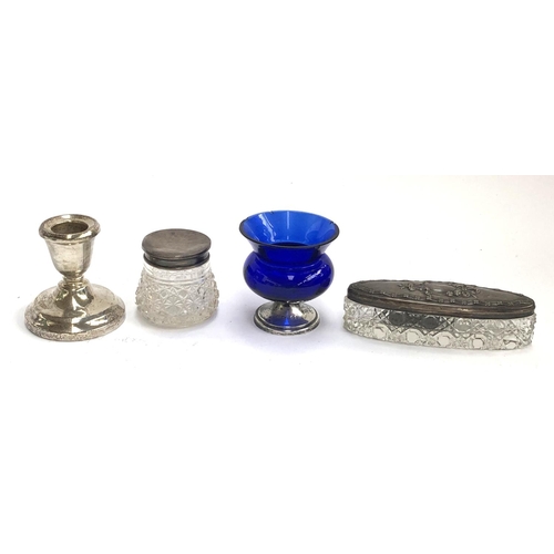 158 - A small Bristol blue glass vase with silver base, hallmarked London 1918, together with two silver t... 