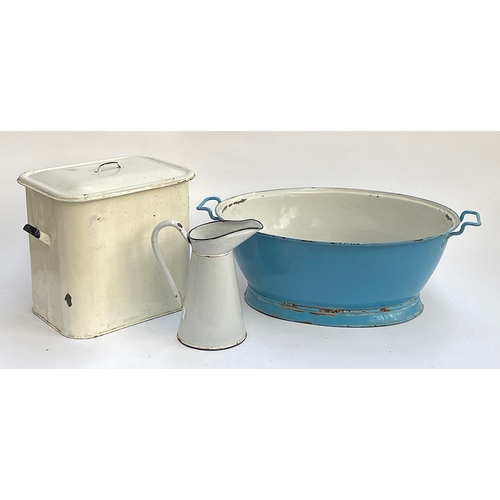 1305 - An enamel bread bin; twin handled basin 61cmW and jug