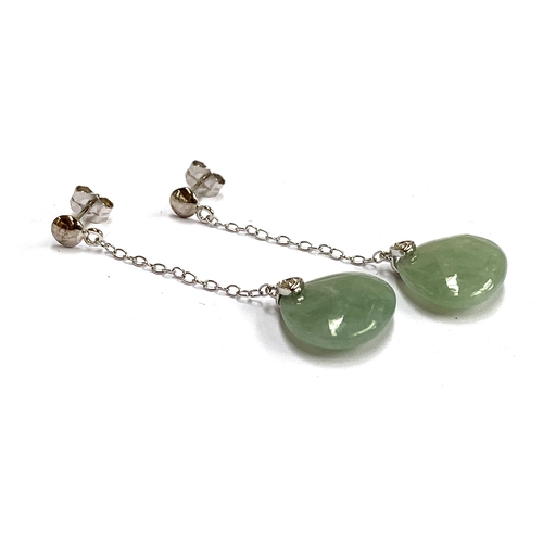 16 - A pair of sterling silver, jade and diamond drop earrings, the natural diamonds 0.01cts, the jade 1.... 