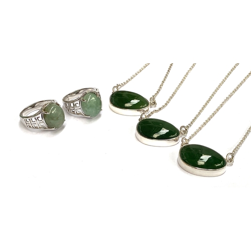 17 - Three sterling silver and nephrite jade necklaces, the Russian nephrite 22cts, the silver chains 46c... 