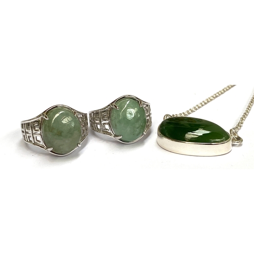 17 - Three sterling silver and nephrite jade necklaces, the Russian nephrite 22cts, the silver chains 46c... 