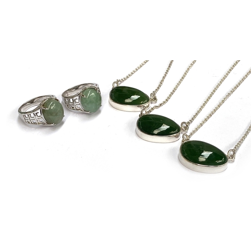 17 - Three sterling silver and nephrite jade necklaces, the Russian nephrite 22cts, the silver chains 46c... 