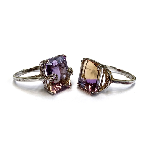 6 - Two sterling silver rings set with Anahi ametrine, 12cts and 10.3cts, size R 1/2