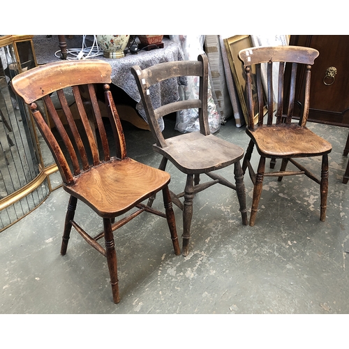 1250 - A pair of lathe back Windsor side chairs, together with a further scroll back side chair