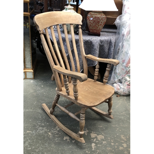 1251 - A lathe back open arm Windsor rocking chair, beech and elm, 58cmW