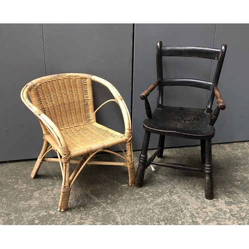 1279 - A 19th century child's scrollback open armchair, 63cmH; together with a child's wicker chair