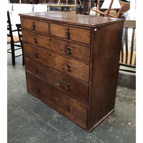 1281 - A 19th century chest of two short over four graduating drawers, with drop handles, feet missing, 113... 