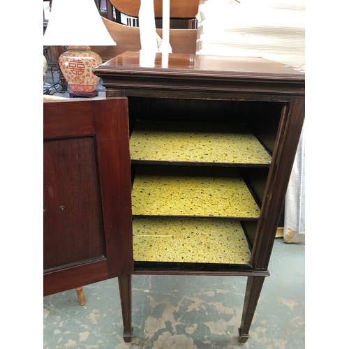 1283 - An Edwardian mahogany cabinet, door with central lion mask handle, 58x53x107cmH