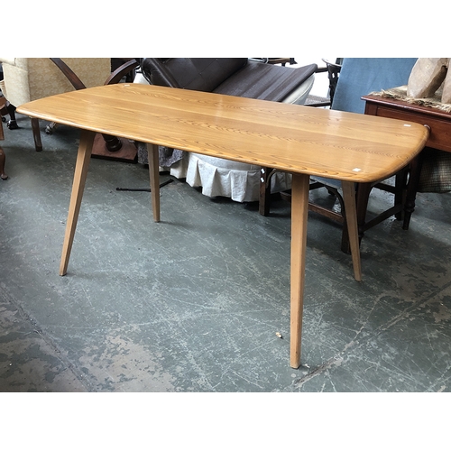 1297 - An Ercol style mid-century elm table on splayed beech legs, 152x77x71cmH