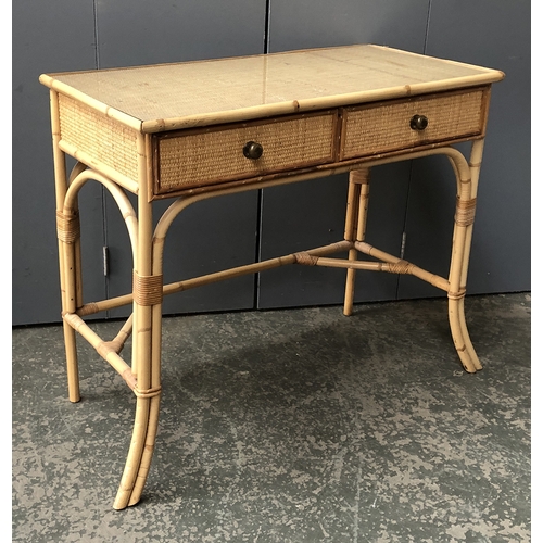 1306 - A bamboo and cane side table with glass inset top, with two drawers, 91x45x77cmH