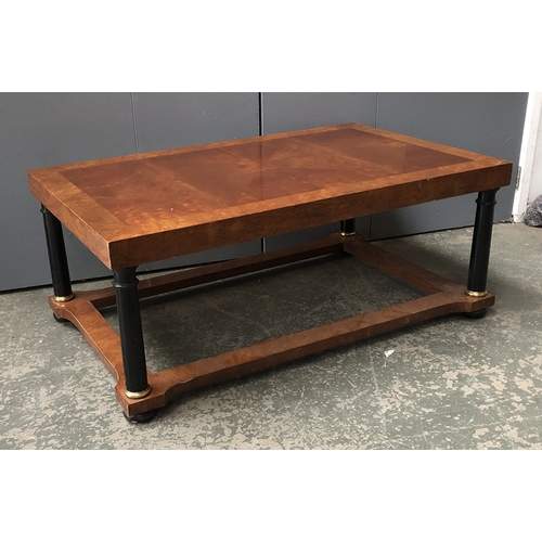 1344 - A mid century Empire style burr walnut coffee table, supported on ebonised and gilt metal columns, 1... 