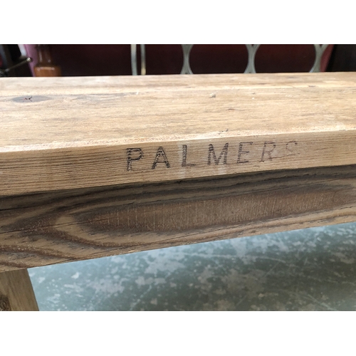 1346 - A pine bench on trestle supports, 200x30x49cmH