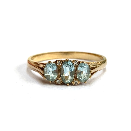 114 - A 9ct gold, aquamarine and diamond ring, size O, 1.8g