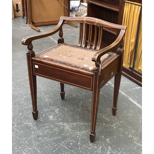 1240 - An Edwardian line inlaid piano chair with hinged seat, top in need of reupholstry, 50cmW