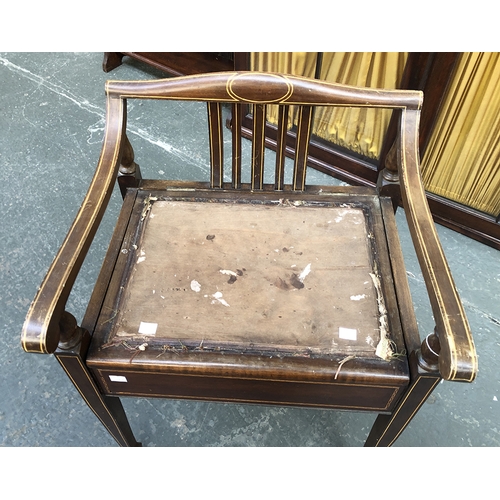 1240 - An Edwardian line inlaid piano chair with hinged seat, top in need of reupholstry, 50cmW