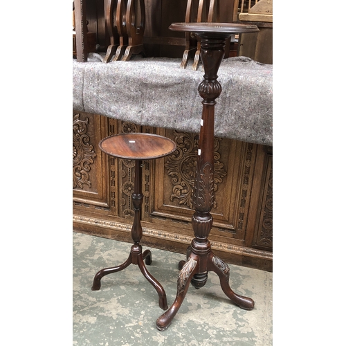 1355 - A carved mahogany pot stand with dished top, 122cmH; together with a wine table on tripod base, 75cm... 