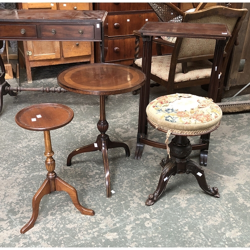 1359 - A Victorian adjustable piano stool on carved tripod base; a mahogany and line inlaid wine table with... 