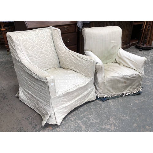 1373 - A small country house armchair (af), 74cmW; together with a further early 20th century armchair on s... 