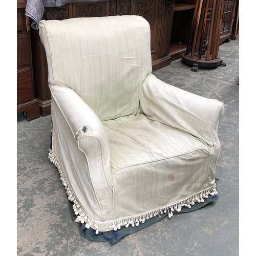 1373 - A small country house armchair (af), 74cmW; together with a further early 20th century armchair on s... 