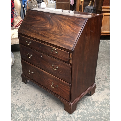 1352 - A George III mahogany bureau, three drawers on bracket feet, 92cmW