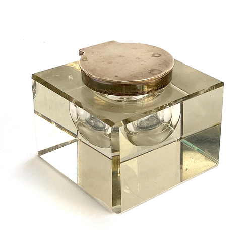 147 - A large glass and silver topped inkwell, hallmarked for Birmingham 1923, 9cm square