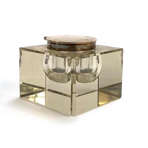 147 - A large glass and silver topped inkwell, hallmarked for Birmingham 1923, 9cm square