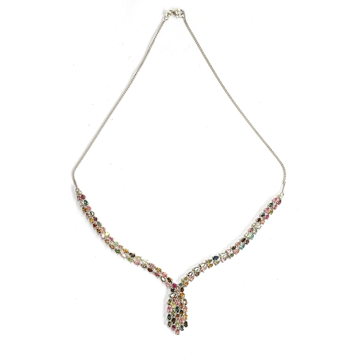 128 - A 925 silver necklace set with pear cut tourmalines, the multicoloured tourmalines totalling 18.69ct... 