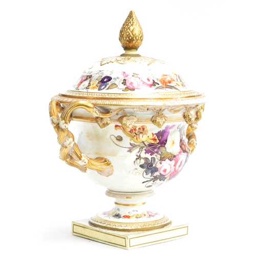 187 - A very large 19th century twin handled lidded urn (repairs), profusely hand painted with floral spra... 