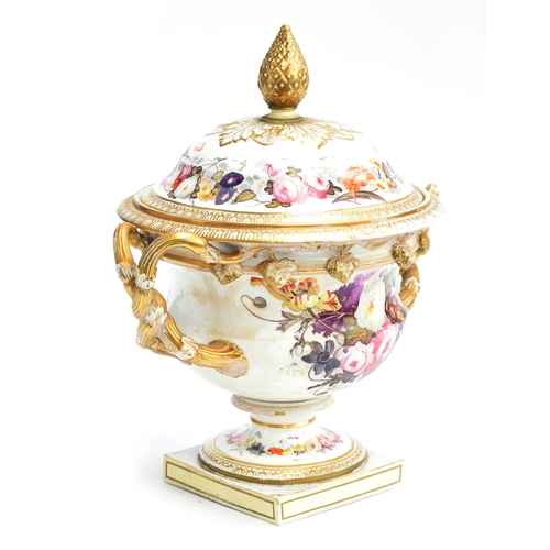 187 - A very large 19th century twin handled lidded urn (repairs), profusely hand painted with floral spra... 