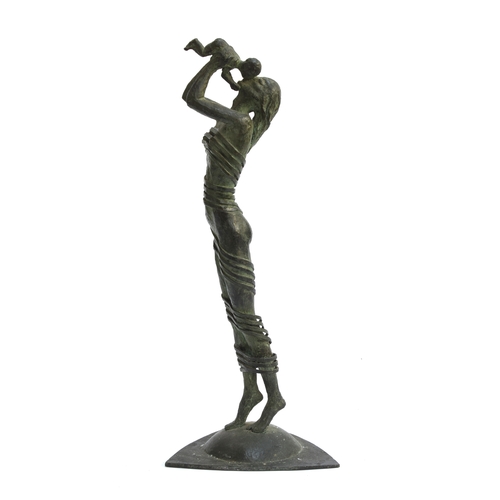 109 - Emiel Hartman (20th century), patinated bronze of a mother and child, on a triform base, signed and ... 