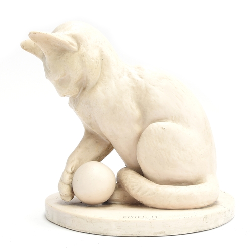 120 - Emiel Hartman (20th century), large resin sculpture of a cat playing with a ball, signed to base, 30... 