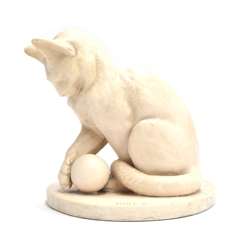 120 - Emiel Hartman (20th century), large resin sculpture of a cat playing with a ball, signed to base, 30... 