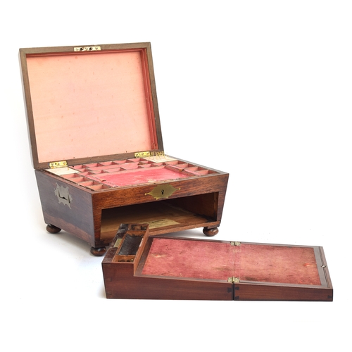 404 - A George IV mahogany dual sewing/writing box, by Podmore & Powells of Chester, with campaign style b... 