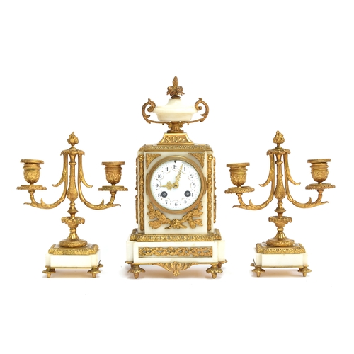 344 - A 19th century French ormolu mounted marble clock garniture, the clock with hand painted enamel dial... 