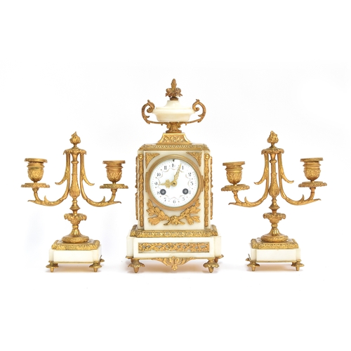 344 - A 19th century French ormolu mounted marble clock garniture, the clock with hand painted enamel dial... 