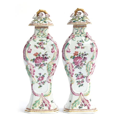 186 - A pair of Samson style porcelain baluster form vases and covers, encrusted floral detail, heightened... 