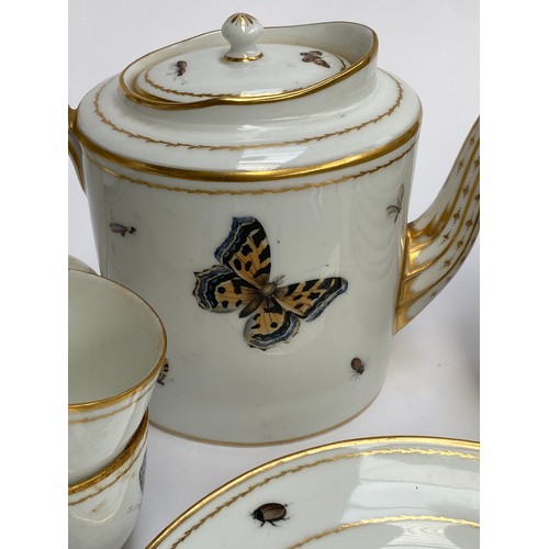 182 - A porcelain Nyon style tea service in decorated with butterflies and insects, teacups (10), coffee c... 