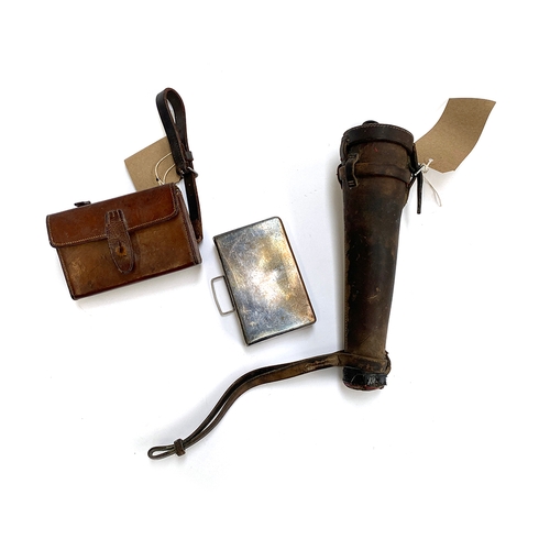 37 - A leather saddle flask holder, 28cmL; together with a plated sandwich box with leather holder