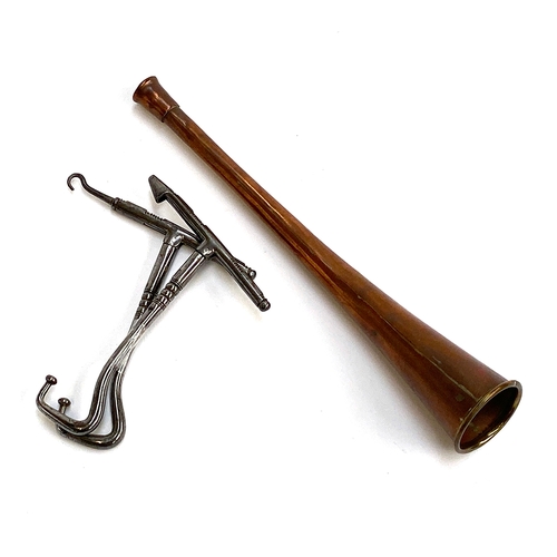 42 - A pair of folding boot pulls with leather punch and button hook; together with a copper hunting horn