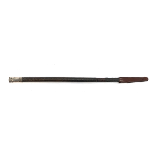 8 - A stock whip with silver collar, inscribed Rollo Baker, the pommel set with a coin, 46cmL