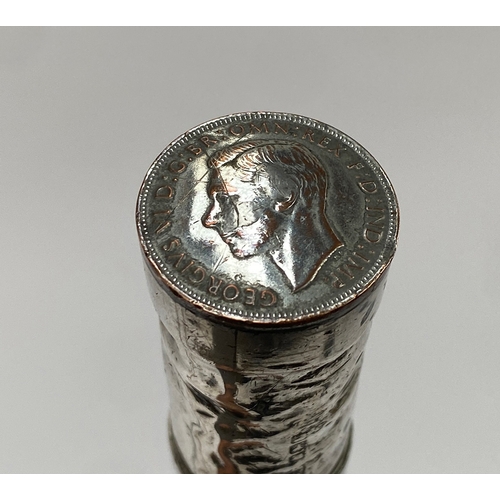 8 - A stock whip with silver collar, inscribed Rollo Baker, the pommel set with a coin, 46cmL