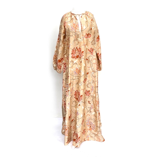 jim thompson silk dress Jim Thompson 1970s Floral Blue Thai Silk Caftan Maxi Dress  Featherstone  Vintage