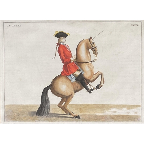 258 - After Baron Eisenberg (German, 1695-1770), a set of four 18th century hand coloured equestrian engra... 