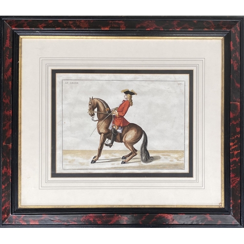 258 - After Baron Eisenberg (German, 1695-1770), a set of four 18th century hand coloured equestrian engra... 